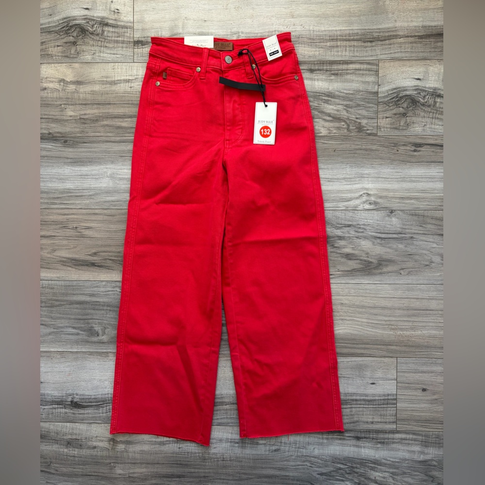 Judy Blue Women's High Waisted Raw Hemmed Jeans in Vibrant Red